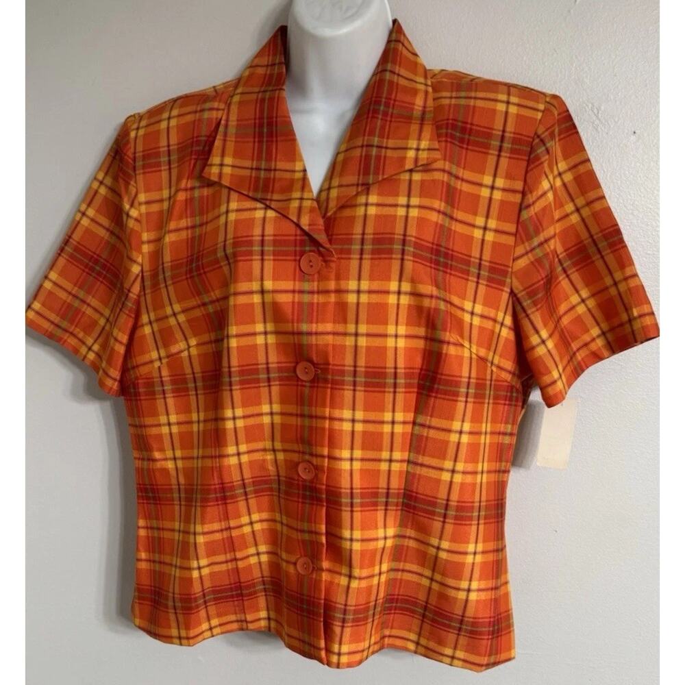 Melissa Harper Blouse Button Up Orange Plaid Short Sleeve Shirt Women’s 16 NEW